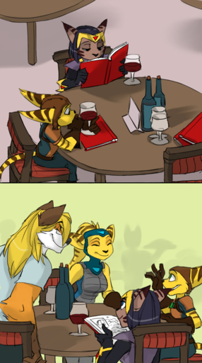 alcohol angela_cross anthro beverage canid canine cazar_(ratchet_and_clank) comic diner female fox hi_res holding_menu holding_object jcfox lombax male mammal menu physical_menu ratchet sasha_phyronix video_games wine zummeng // 714x1280 // 639.6KB