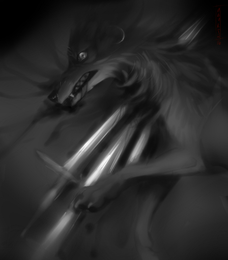 2016 absurd_res blood bodily_fluids canid canine canis feral fur greyscale hauringu hi_res impalement longsword looking_at_viewer mammal melee_weapon monochrome solo sword weapon wolf // 2500x2859 // 1.4MB
