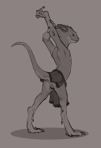anthro anus arms_above_head citrus_(character) clothed clothing digitigrade female flamespitter flat_chested genitals gloves_(marking) grey_background horn kobold leg_markings looking_at_viewer looking_back markings pussy scales simple_background sketch smile smirk socks_(marking) solo stretching topless // 684x1000 // 159.2KB
