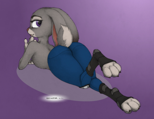 2018 3_toes anthro big_ears boots butt claws clothed clothing disney ecmajor edit eyebrows eyelashes feet female flat_chested footwear fur judy_hopps knee_pads lagomorph leporid looking_at_viewer looking_back lying mammal midnightcap presenting presenting_hindquarters rabbit simple_background smile solo toes topless zootopia // 1469x1135 // 1.9MB