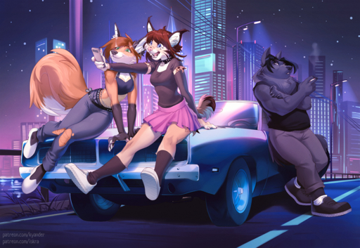2020 5_fingers anthro athletic athletic_female bangs big_tail black_hair blue_eyes bottomwear breasts brown_hair canid canine canis car cellphone chest_tuft cigarette city clothed clothing collar detailed_background digital_media_(artwork) dipstick_tail dodge_(brand) dodge_charger felid feline female fingers footwear fox fur green_eyes group hair idle_in_roadway iskra knee_cutout kordi kyander leaning leaning_back lynx male mammal mane midriff miniskirt multicolored_tail neck_tuft night on_car open_mouth orange_body orange_fur outside parted_bangs phone plantar_flexion pleated_skirt pose retrowave road selfie shoes sitting skirt slightly_chubby slightly_chubby_male slim small_waist smile smoking sneakers studded_collar swept_bangs synthwave taking_picture teeth tongue tuft vehicle waist_chain wolf // 1200x827 // 1.5MB