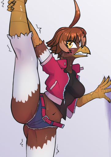 anthro avian beak bird bird_feet bodily_fluids bottomwear breasts brown_body brown_feathers brown_hair clenched_teeth clothed clothing cutoffs denim denim_clothing feathers female flexible hair hi_res jacket midriff nails non-mammal_breasts one_leg_up raised_leg sat_v12 scuted_arms shorts solo splits spread_legs spreading standing straining sweat teeth toothed_beak topwear vertical_splits // 905x1280 // 174.9KB
