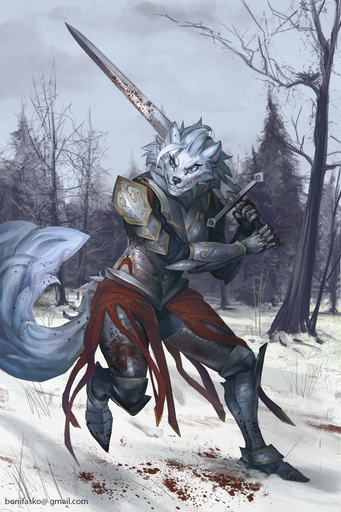 angry anthro armor blood blood_on_weapon blood_splatter blue_eyes bodily_fluids bonifasko canid canine clothed clothing detailed_background female forest fur hair hi_res knight mammal medieval melee_weapon outside plant sharp_teeth snow solo standing sword teeth tree warrior weapon white_body white_fur white_hair // 867x1300 // 942.7KB