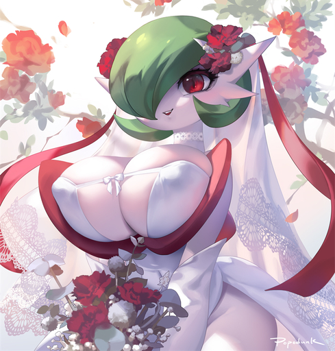 2021 big_breasts bouquet breasts cleavage clothed clothing dress female flower green_hair hair mega_evolution mega_gardevoir nintendo nipple_outline not_furry open_mouth plant pokemon pokemon_(species) popodunk red_eyes smile solo teeth video_games wedding_dress // 690x723 // 453.3KB