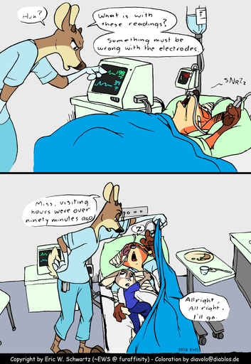 2016 absurd_res anthro bandage bed canid canine cervid clothed clothing color_edit colored comic cuddling dialogue diavololo disney doctor edit english_text eric_schwartz female fox furniture hi_res hospital hug judy_hopps lagomorph leporid lying male mammal nick_wilde on_back on_bed patient rabbit simple_background sleeping speech_bubble text wounded zootopia // 1812x2628 // 702.8KB