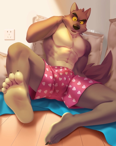 2022 abs anthro big_muscles bulge canid canine canis claws clothing eyebrows feet foot_focus fur hi_res humanoid_feet inside looking_at_viewer male mammal mr._wolf_(the_bad_guys) muscular muscular_anthro muscular_male obliques pecs pillow shan_yao_jun signature sitting soles solo tuft underwear wolf // 1638x2048 // 204.9KB