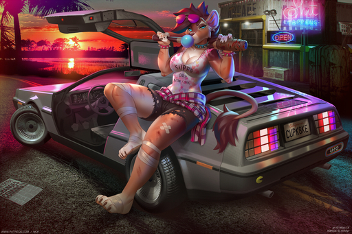 2017 4_toes 80's_theme anthro bandage barefoot baseball_bat bat_(object) blood blue_eyes bodily_fluids bracelet breasts bubble_gum candy car claws cleavage clothed clothing delinquent delorean dessert digital_media_(artwork) ear_piercing eyewear feet felid female food fur gum hair jewelry kahlua_(villdyr) lion looking_at_viewer mammal mane mane_hair miles_df model mohawk nailed_bat neon_sign palm_tree pantherine pawpads piercing pink_pawpads plant plantigrade sign solo spiked_bracelet spikes sunglasses sunset synthwave tail_tuft toes tree tuft vehicle // 1150x766 // 1.2MB