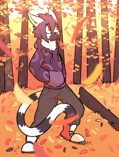 absurd_res anthro autumn black_body black_fur clothing domestic_cat ear_tuft felid feline felis forest forest_background fur hair hand_in_pocket hi_res hoodie leaf leaves_on_ground male mammal markings multicolored_body multicolored_fur nature nature_background neck_tuft plant pockets purple_hair ring_(marking) ringtail smile solo sweatpants tail_markings the_xing1 topwear tree tuft two_tone_body two_tone_fur white_body white_fur wide_eyed // 3000x3944 // 913.8KB