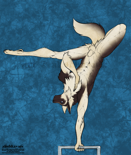 2020 4_toes 5_fingers abs alishka animal_genitalia anthro balls blue_background blue_eyes canid canine canis digital_media_(artwork) digitigrade domestic_dog feet fingers genitals hi_res male mammal sheath simple_background solo toes // 1083x1280 // 1.7MB