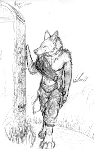 absurd_res anthro biped canid canine canis collar coyote garden hi_res looking_at_viewer male mammal monochrome outside sash sketch smile solo tuuwa vellum walking // 1772x2807 // 3.3MB