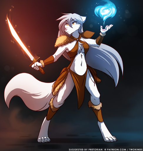 2019 absurd_res anthro armor barefoot biped black_background bottomwear breasts canid canine canis chest_tuft cleavage clothed clothing conditional_dnp digitigrade feet female fire fur grey_hair hair hi_res holding_object holding_sword holding_weapon keidran loincloth magic magic_user mammal melee_weapon midriff navel pauldron pose raine_silverlock simple_background skimpy solo sword tom_fischbach tuft twokinds weapon webcomic webcomic_character white_body white_fur wolf yellow_eyes // 2276x2400 // 6.2MB