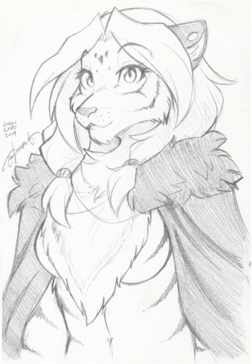 2019 anthro breasts chest_tuft cloak clothing conditional_dnp featureless_breasts felid female hi_res looking_at_viewer mammal monochrome mostly_nude pantherine pose robe simple_background sketch solo stripes tiger tom_fischbach tuft twokinds webcomic webcomic_character // 1037x1498 // 3.7MB