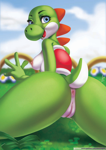 2016 alanscampos anthro anus blue_eyes breasts butt clothing dinosaur english_text female genitals green_yoshi hi_res looking_at_viewer nipples non-mammal_breasts nude patreon_logo pussy reptile scalie solo text url video_games yoshi // 1060x1500 // 292.3KB
