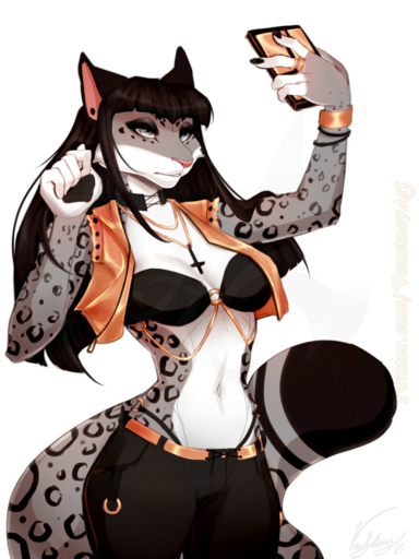 3:4 5_fingers anthro black_hair breasts clothed clothing digital_media_(artwork) felid female fingers fully_clothed fur grey_eyes hair hi_res holding_object leopard mammal midriff navel pantherine pink_nose simple_background small_waist solo spots spotted_body spotted_fur upside_down_cross vexstacy white_background // 960x1280 // 1.3MB