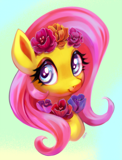 2018 accessory equid eyelashes eyeshadow female feral flower flower_in_hair fluttershy_(mlp) gradient_background green_background hair hair_accessory headshot_portrait looking_at_viewer makeup mammal mascara pink_hair plant portrait signature simple_background smile solo sorc teal_eyes // 679x889 // 591.4KB