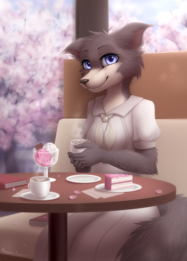 2022 5_fingers anthro bloominglynx blue_eyes book cafe cake candy canid canine canis chocolate clothed clothing container cup dessert detailed_background female fingers food furniture hi_res holding_cup holding_object ice_cream juno_(beastars) looking_at_viewer mammal plate sakura signature sitting smile solo table wolf // 1551x2160 // 499.2KB