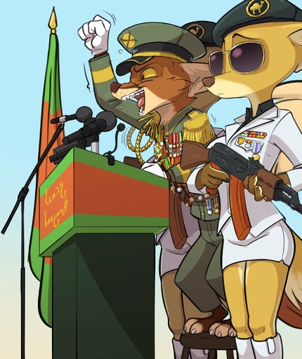 absurd_res ak_47 anthro arabic_text assault_rifle barefoot bodily_fluids boots bottomwear canid canine canis clothed clothing dictator digital_media_(artwork) eyewear feet female flag_(object) footwear fox fur furniture genet group gun hat headgear headwear hi_res holding_gun holding_object holding_weapon male mammal medal microphone military military_cap military_uniform open_mouth pants ranged_weapon rifle saliva shirt siroc siroc_(character) skirt standing stool sunglasses teeth text toes tongue topwear translation_request trio uniform viverrid weapon // 2481x2953 // 690.9KB