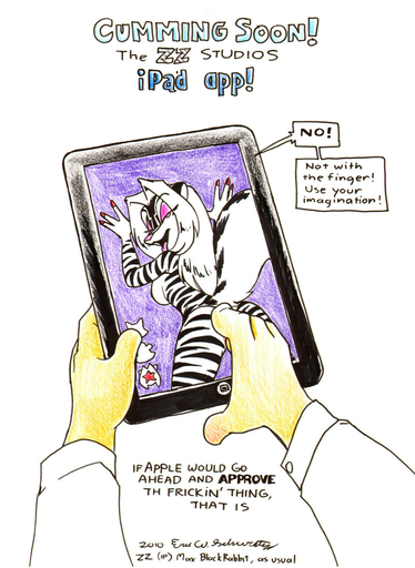 2010 anthro app apple_inc. big_breasts breasts butt disembodied_hand doing_it_wrong english_text eric_schwartz fail female humor hybrid ipad looking_back mammal mephitid nipples open_mouth phone raised_tail simple_background skunk solo text white_background zig_zag // 800x1095 // 240.7KB