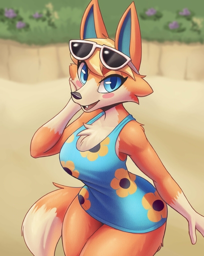 absurd_res animal_crossing anthro audie_(animal_crossing) blonde_hair blue_eyes blush blush_stickers breasts canid canine canis chest_tuft clothed clothing cooliehigh cute_fangs detailed_background dipstick_tail dress eyelashes eyewear eyewear_on_head female fully_clothed fur gloves_(marking) hair hand_on_face hi_res high-angle_view looking_at_viewer looking_up mammal markings multicolored_tail nintendo open_mouth orange_body orange_fur outside portrait sand smile solo sunglasses sunglasses_on_head three-quarter_portrait tongue tuft video_games wolf // 1992x2500 // 478.8KB