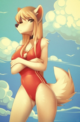 anthro blonde_hair breasts canid canine choker clothing cloud crossed_arms day digital_media_(artwork) female fur hair hi_res jewelry mammal marblesoda necklace nipple_outline one-piece_swimsuit outside sky solo swimwear tan_body tan_fur whistle // 843x1280 // 210.2KB