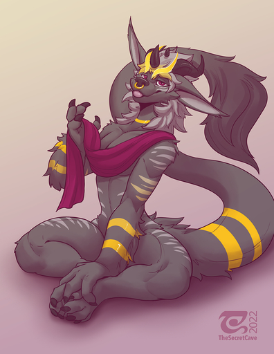 2022 anthro biped blep breasts canid canine canis coyote digital_media_(artwork) dragon facial_piercing female fur grey_body grey_fur grey_hair hair hi_res horn hybrid mammal nose_piercing nose_ring piercing red_eyes scarf simple_background solo tail_tuft thesecretcave tongue tongue_out tuft yellow_body yellow_fur // 989x1280 // 787.8KB
