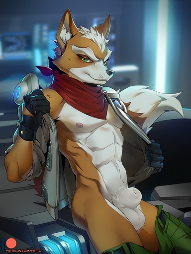 3:4 animal_genitalia anthro balls canid canine clothed clothing fingerless fox fox_mccloud fully_sheathed genitals gloves handwear hi_res jacket looking_at_viewer male mammal muscular nintendo nipples pants_down partially_clothed patto scarf sheath smile smirk solo star_fox topwear underwear video_games // 1125x1500 // 228.3KB