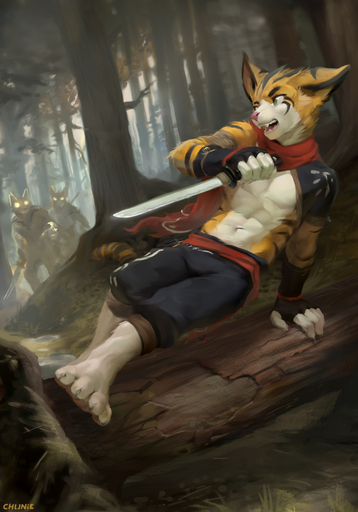 2019 5_fingers 5_toes anthro athletic black_stripes bloudc chasing chunie clothed clothing detailed_background digital_media_(artwork) domestic_cat feet felid feline felis fingerless_gloves fingers forest fur gloves glowing glowing_eyes green_eyes group handwear hi_res male mammal melee_weapon navel nuno_(bloudc) open_mouth orange_body orange_fur plant red_scarf scarf solo_focus striped_body striped_fur stripes sword tanto toes topless tree vaulting weapon white_body white_fur // 895x1280 // 493.6KB