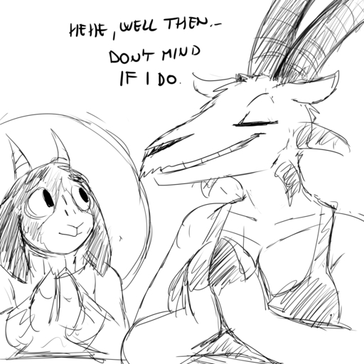 1:1 anthro black_and_white bovid breasts caprine caprine_demon cleavage clothed clothing demon dialogue duo english_text eyes_closed female goat goat_demon halo hi_res hladilnik horn lucy_(hladilnik) male mammal monochrome smile text tommy_(hladilnik) traditional_halo // 1280x1280 // 964.5KB