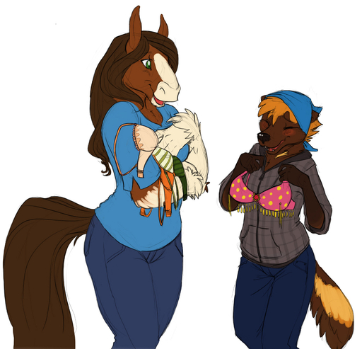 anthro bandanna blaze_(marking) blush bottomwear bra clothed clothing clydesdale conditional_dnp denim denim_clothing draft_horse duo ears_back equid equine facial_markings female friends gem green_eyes gulonine head_markings hoodie horse jeans jessi_(slither) kerchief lace mammal markings mustelid musteline open_mouth pants pivoted_ears sefeiren size_difference spots stripes tassels topwear underwear white_markings wolverine // 900x866 // 421.8KB
