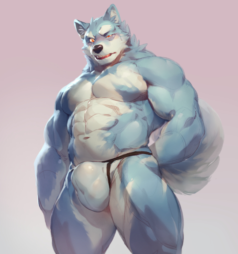 abs anthro biceps big_muscles biped blue_body blue_fur blush bulge canid canine clothed clothing fur hi_res male mammal multicolored_body multicolored_fur muscular muscular_anthro muscular_male narrowed_eyes navel null-ghost pecs red_eyes simple_background solo squint standing topless two_tone_body two_tone_fur underwear white_body white_fur // 1160x1240 // 1.1MB