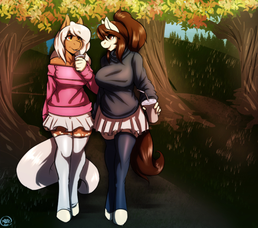 2015 anthro avante92 bare_shoulders bottomwear brown_hair clothing colette_laitier_(oc) container cup detailed_background drinking duo equid equine fan_character female forest hair hi_res horse legwear mammal miniskirt outside plant pony ponytail skirt stockings sundae_(oc) sweater topwear tree white_hair // 1635x1450 // 2.8MB