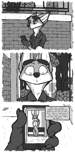 2018 anthro barely_visible_genitalia barely_visible_pussy breasts canid canine clothing comic dialogue disney english_text eyewear female fox fur genitals greyscale hi_res judy_hopps lagomorph luraiokun male mammal monochrome nick_wilde nude phone plant pussy sexting smile solo sunglasses text texting tree zootopia // 950x1920 // 1.4MB