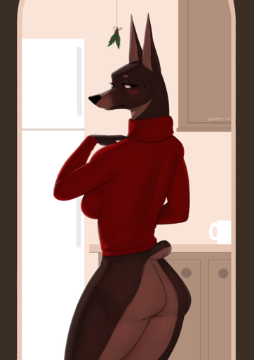 2016 absurd_res anthro blush bottomless butt canid canine canis clothed clothing dobermann domestic_dog female gewitter hi_res holly_(plant) looking_at_viewer mammal pinscher plant simple_background solo standing sweater topwear // 2480x3508 // 1.4MB