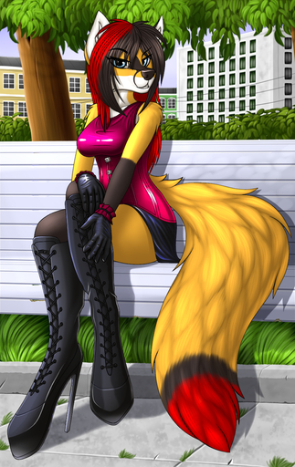 2018 5_fingers anthro black_hair blue_eyes boots canid canine clothing day detailed_background digital_media_(artwork) female fingers footwear fox fur hair hi_res mammal outside plant red_hair solo tales_foxdale tree yellow_body yellow_fur // 800x1267 // 1.1MB