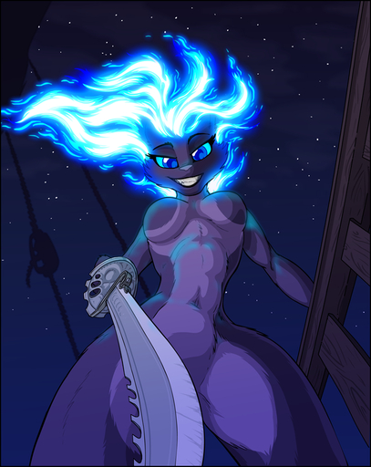 anthro black_border blue_eyes blue_fire blue_hair border breasts colored_fire convenient_censorship countershade_legs countershading cutlass fangs felid female fire flaming_hair fur hair holding_object holding_sword holding_weapon looking_at_viewer mammal melee_weapon nude outside pseudo_hair purple_body purple_countershading purple_fur sky smile solo sotiria standing star sword teeth tirrel weapon // 715x900 // 410.6KB