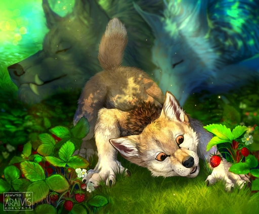 2020 absurd_res araivis-edelveys black_nose brown_body brown_eyes brown_fur canid canine canis claws cub day depth_of_field detailed_background digital_media_(artwork) dipstick_tail female food fruit fur grass group hi_res inner_ear_fluff male mammal multicolored_tail outside plant semi-anthro smile strawberry teeth trio tuft whiskers wolf young // 3626x2995 // 1.5MB