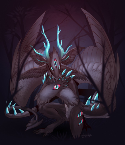 2019 ambiguous_gender anthro black_body black_feathers blue_eyes claws dragon feathered_dragon feathered_wings feathers fur furred_dragon grass hi_res horn multi_eye necroizu plant red_sclera solo tree wings // 1097x1280 // 1.1MB