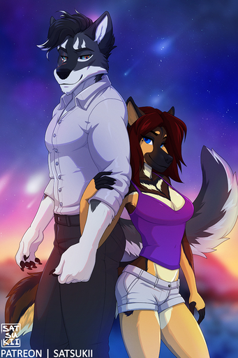 2021 2:3 5_fingers anthro black_hair black_nose breasts canid canine canis clothed clothing detailed_background digital_media_(artwork) domestic_dog duo female fingers german_shepherd hair herding_dog hi_res male mammal night outside pastoral_dog satsukii sky smile star starry_sky wolf // 800x1200 // 1.3MB