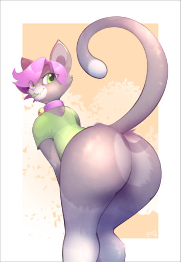 ambiguous_gender anthro b-epon big_butt bottomless butt butt_focus callie clothed clothing collar digital_media_(artwork) domestic_cat fan_character felid feline felis girly hair hi_res looking_at_viewer looking_back mammal pink_hair presenting presenting_hindquarters raised_tail shaded smug solo thick_thighs // 870x1259 // 545.3KB