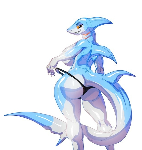 anthro big_breasts big_butt big_tail bikini bikini_bottom blue_body blue_skin breasts butt butt_cleavage butt_pose clothed clothing countershading female fish fivel looking_at_viewer looking_back looking_back_at_viewer marine non-mammal_breasts partially_clothed pose shark sharp_teeth side_boob simple_background smile solo striptease swimwear teeth topless white_background white_body white_skin wide_hips yellow_sclera // 620x655 // 43.8KB