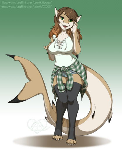 anthro clothed clothing female fish gradient_background hi_res kittydee looking_at_viewer marine open_mouth samantha_carhina shark simple_background smile solo standing // 1047x1280 // 501KB