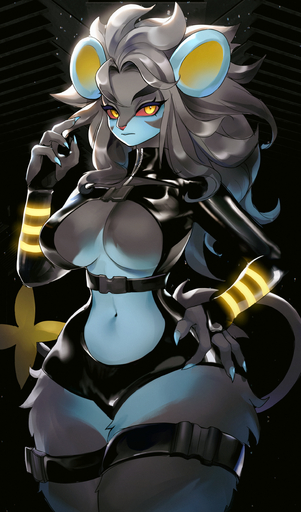 absurd_res anthro black_body black_hair blue_body breasts clothed clothing female hair hi_res looking_at_viewer luxray momikacha navel pokemon_(species) pokemorph red_eyes solo video_games // 1482x2524 // 4.3MB