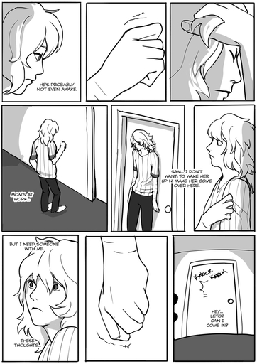 black_and_white bottomwear clothing comic dialogue door english_text grimart hair howl_(grimart) humanoid leto_(grimart) long_hair male monochrome not_furry pants scar self_harm shirt solo standing text topwear // 620x877 // 261.9KB