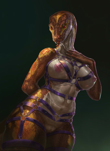2021 adria_(adleisio) anthro areola ball_python belly big_breasts biped blep bondage_gear breasts brown_body brown_scales claws countershade_breasts countershade_face countershade_neck countershade_scales countershade_torso countershading detailed detailed_scales digital_media_(artwork) digital_painting_(artwork) female finger_claws forked_tongue genitals green_background harness harness_only hi_res huge_breasts humanoid_hands labial_pit looking_at_viewer mostly_nude multicolored_body multicolored_scales nipples orange_body orange_scales pink_areola pink_nipples pit_organ pussy python python_(genus) red_eyes red_sclera reptile scales scalie shaded silgiriya_mantsugosi simple_background snake solo standing tan_body tan_countershading thick_thighs tongue tongue_out wide_hips yellow_body yellow_scales // 927x1280 // 167.2KB