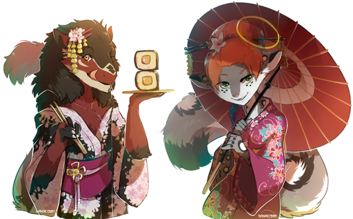 anthro asian_clothing clothed clothing duo ear_piercing east_asian_clothing felid female food hihikori japanese_clothing kimono licking licking_lips looking_at_viewer mammal one_eye_closed piercing self_lick sergal simple_background smile sushi tongue tongue_out white_background // 1148x711 // 840.1KB