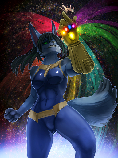 3:4 anthro black_hair blue_body blue_fur canid clenched_hands clothing corablue_(character) cosplay dipstick_tail female fur general-irrelevant green_eyes hair hi_res infinity_gauntlet mammal markings sharp_teeth smile snap solo tail_markings teeth thanos tight_clothing // 1080x1440 // 1.2MB