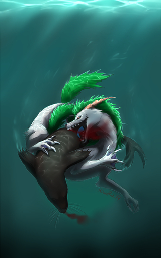 10:16 2014 absurd_res black_nose blood bodily_fluids claws dragon duo feral green_hair hair hauringu hi_res mammal marine nude open_mouth pinniped seal teeth underwater water // 2000x3200 // 2.9MB