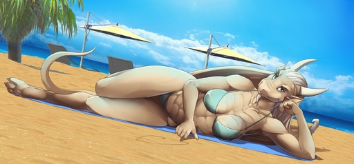 2017 3_toes 5_fingers anthro beach bedding blanket blue_eyes bra breasts cleavage clothed clothing detailed_background dragon feet female fin fingers leaf looking_at_viewer lying non-mammal_breasts outside sand scalie sea seaside sky solo toes twinkle-sez underwear water wings // 1280x595 // 164KB