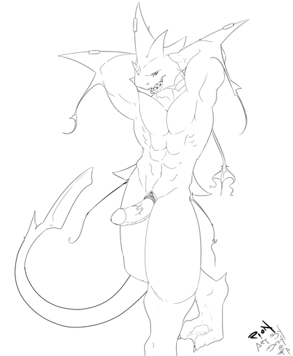 anthro batoid doxy erection fish genitals grin hi_res looking_at_viewer male marine monochrome muscular muscular_anthro muscular_male nude penis pose rion shark smile solo stingray // 992x1206 // 199.2KB