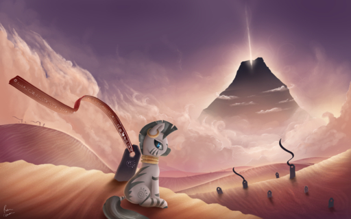 16:10 2014 absurd_res blue_eyes cloud cutie_mark desert detailed_background digital_media_(artwork) digital_painting_(artwork) equid equine female feral friendship_is_magic glowing gold_(metal) grave hasbro hi_res horse journey_(game) light looking_at_viewer looking_back mammal mountain my_little_pony neck_ring outside photonoko piercing sand sitting sky solo sony_corporation sony_interactive_entertainment stripes video_games widescreen zebra zecora_(mlp) // 4000x2500 // 10.6MB